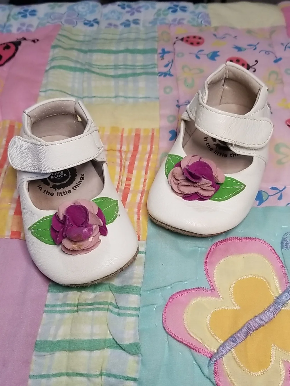 Livie & Luca White Leather Mary Jane Shoes with Purple & Pink Suede Flower 6-12